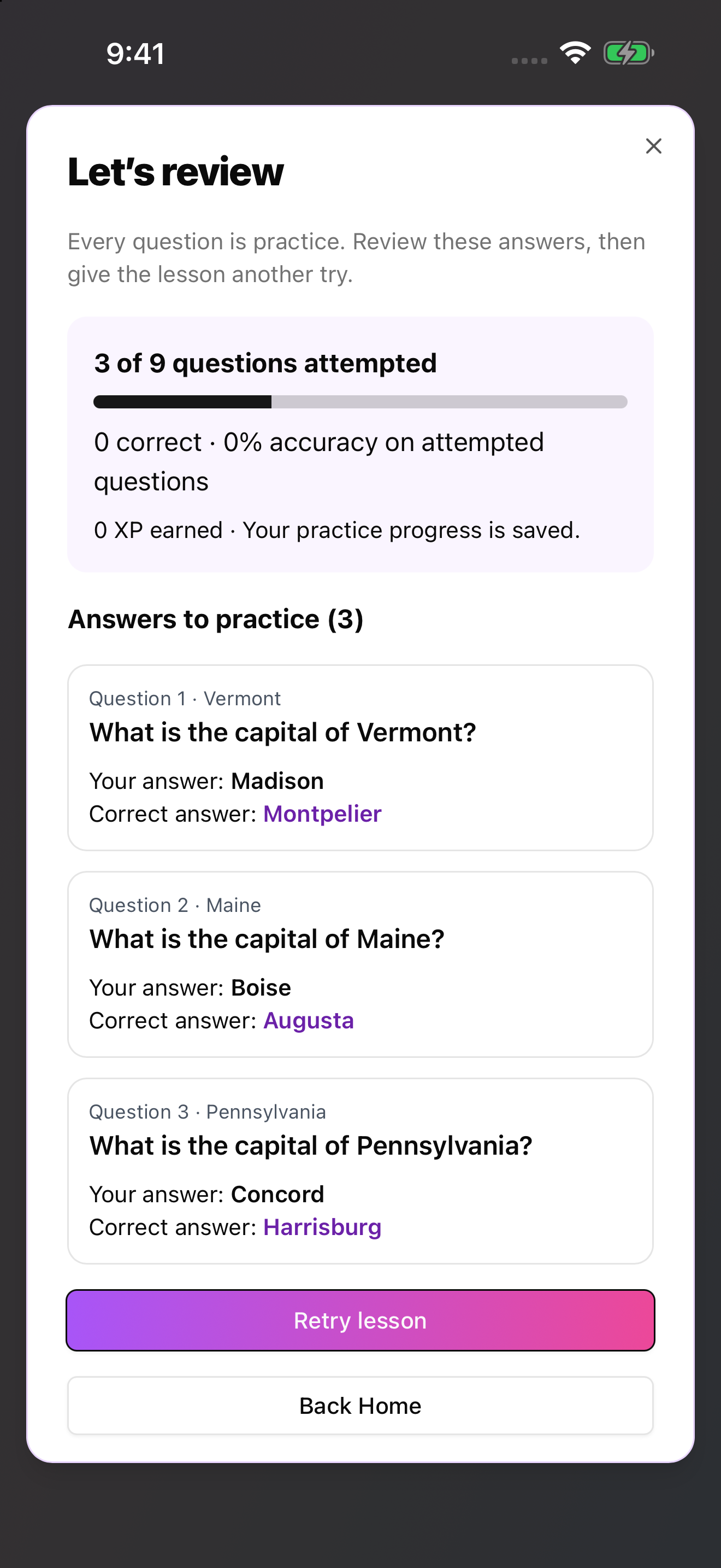 Review missed answers in skill and regional practice.